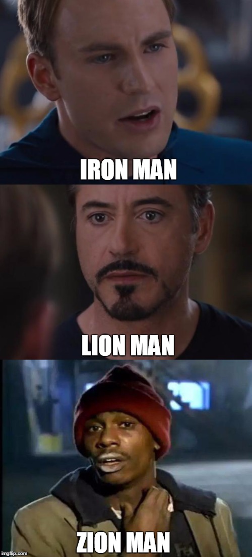iron lion zion | IRON MAN; LION MAN; ZION MAN | image tagged in memes,y'all got any more of that,iron man,marvel civil war | made w/ Imgflip meme maker