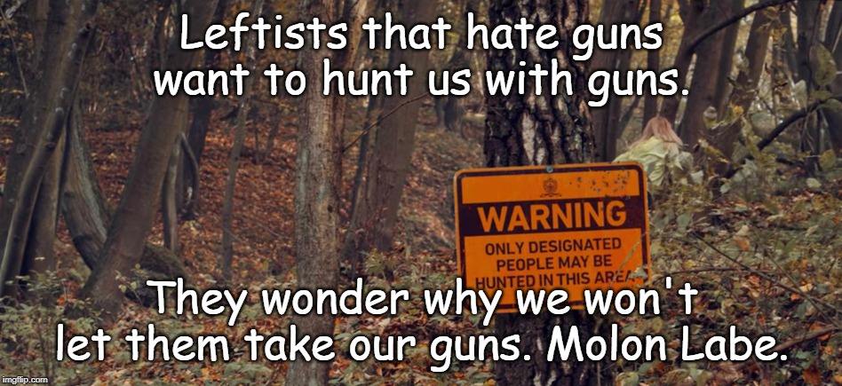 The hunt | Leftists that hate guns want to hunt us with guns. They wonder why we won't let them take our guns. Molon Labe. | image tagged in the hunt | made w/ Imgflip meme maker