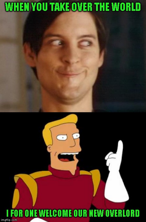 More random crap from me to you. Enjoy! | WHEN YOU TAKE OVER THE WORLD; I FOR ONE WELCOME OUR NEW OVERLORD | image tagged in memes,spiderman peter parker | made w/ Imgflip meme maker