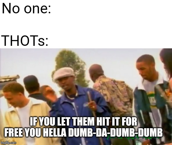 No one:; THOTs:; IF YOU LET THEM HIT IT FOR FREE YOU HELLA DUMB-DA-DUMB-DUMB | image tagged in thots,begone thot,i got 5 on it | made w/ Imgflip meme maker