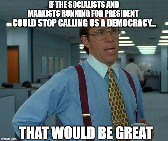 we are NOT a democracy | IF THE SOCIALISTS AND MARXISTS RUNNING FOR PRESIDENT; COULD STOP CALLING US A DEMOCRACY... THAT WOULD BE GREAT | image tagged in memes,that would be great,not a democracy,republic | made w/ Imgflip meme maker