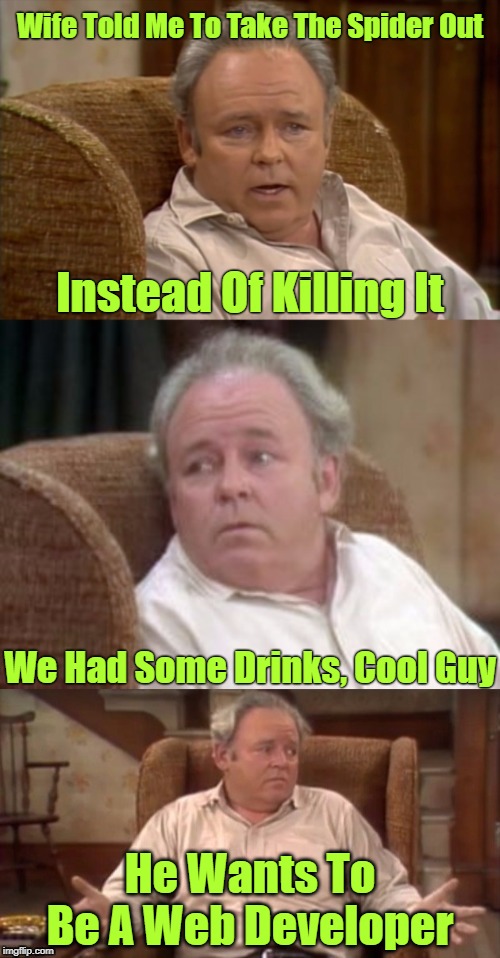 Needed to be specific... |  Wife Told Me To Take The Spider Out; Instead Of Killing It; We Had Some Drinks, Cool Guy; He Wants To Be A Web Developer | image tagged in bad pun archie bunker,memes,husband wife,married life,needs to be more specific,google | made w/ Imgflip meme maker