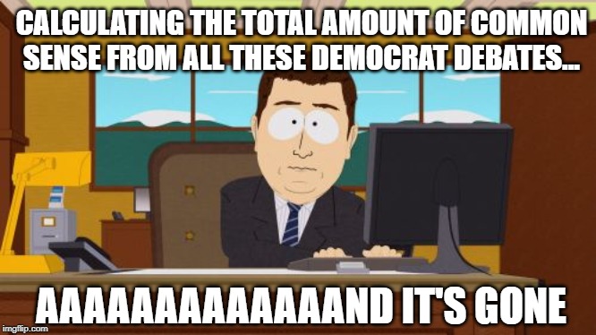 Aaaaand Its Gone | CALCULATING THE TOTAL AMOUNT OF COMMON SENSE FROM ALL THESE DEMOCRAT DEBATES... AAAAAAAAAAAAAND IT'S GONE | image tagged in memes,aaaaand its gone | made w/ Imgflip meme maker