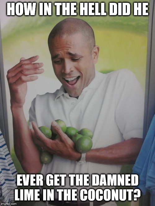 Why Can't I Hold All These Limes | HOW IN THE HELL DID HE; EVER GET THE DAMNED LIME IN THE COCONUT? | image tagged in memes,why can't i hold all these limes | made w/ Imgflip meme maker