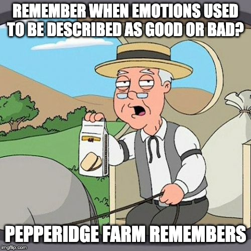Pepperidge Farm Remembers Meme | REMEMBER WHEN EMOTIONS USED TO BE DESCRIBED AS GOOD OR BAD? PEPPERIDGE FARM REMEMBERS | image tagged in memes,pepperidge farm remembers | made w/ Imgflip meme maker