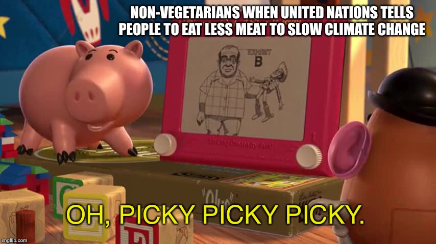Truth | NON-VEGETARIANS WHEN UNITED NATIONS TELLS PEOPLE TO EAT LESS MEAT TO SLOW CLIMATE CHANGE; OH, PICKY PICKY PICKY. | image tagged in united nations,toy story,meat,climate change | made w/ Imgflip meme maker