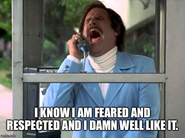 Anchorman telephone booth | I KNOW I AM FEARED AND RESPECTED AND I DAMN WELL LIKE IT. | image tagged in anchorman telephone booth | made w/ Imgflip meme maker