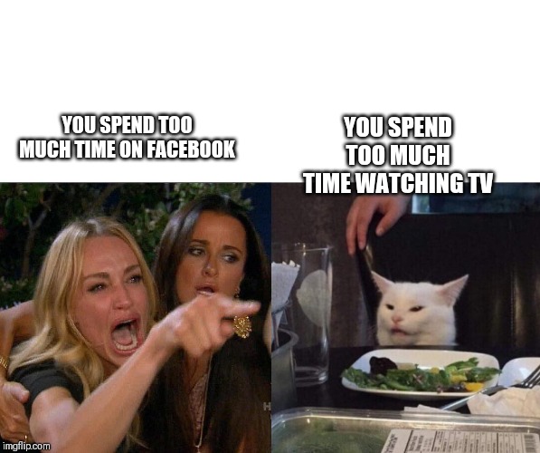 That's Your Opinion | YOU SPEND TOO MUCH TIME WATCHING TV; YOU SPEND TOO MUCH TIME ON FACEBOOK | image tagged in two woman yelling at a cat,facebook,tv | made w/ Imgflip meme maker