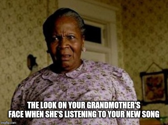 THE LOOK ON YOUR GRANDMOTHER'S FACE WHEN SHE'S LISTENING TO YOUR NEW SONG | image tagged in grandma finds the internet | made w/ Imgflip meme maker