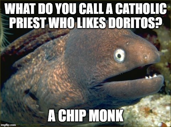 Bad Joke Eel Meme | WHAT DO YOU CALL A CATHOLIC PRIEST WHO LIKES DORITOS? A CHIP MONK | image tagged in memes,bad joke eel | made w/ Imgflip meme maker