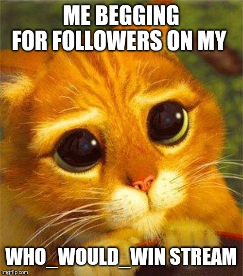 Beggin Puss | ME BEGGING FOR FOLLOWERS ON MY; WHO_WOULD_WIN STREAM | image tagged in beggin puss | made w/ Imgflip meme maker