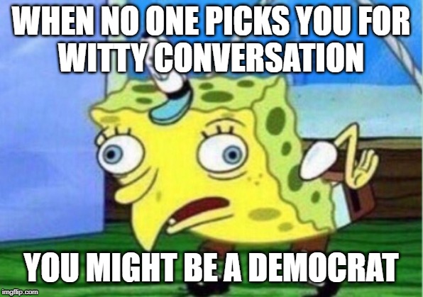 Mocking Spongebob | WHEN NO ONE PICKS YOU FOR
WITTY CONVERSATION; YOU MIGHT BE A DEMOCRAT | image tagged in memes,mocking spongebob | made w/ Imgflip meme maker