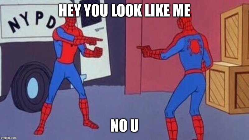 spiderman pointing at spiderman | HEY YOU LOOK LIKE ME; NO U | image tagged in spiderman pointing at spiderman | made w/ Imgflip meme maker