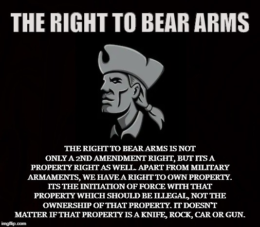 Private Property Means Self Determination | THE RIGHT TO BEAR ARMS; THE RIGHT TO BEAR ARMS IS NOT ONLY A 2ND AMENDMENT RIGHT, BUT ITS A PROPERTY RIGHT AS WELL. APART FROM MILITARY ARMAMENTS, WE HAVE A RIGHT TO OWN PROPERTY. ITS THE INITIATION OF FORCE WITH THAT PROPERTY WHICH SHOULD BE ILLEGAL, NOT THE OWNERSHIP OF THAT PROPERTY. IT DOESN'T MATTER IF THAT PROPERTY IS A KNIFE, ROCK, CAR OR GUN. | image tagged in 2nd amendment,gun rights,weapons,gun control,self defense,property | made w/ Imgflip meme maker