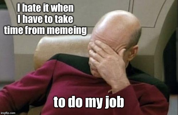 Captain Picard Facepalm Meme | I hate it when I have to take time from memeing to do my job | image tagged in memes,captain picard facepalm | made w/ Imgflip meme maker