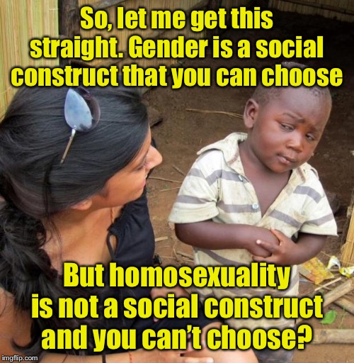 Say what? | So, let me get this straight. Gender is a social construct that you can choose; But homosexuality is not a social construct and you can’t choose? | image tagged in poor kid,gender identity,homosexuality | made w/ Imgflip meme maker