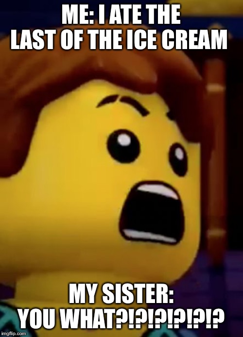 jay- ninjago | ME: I ATE THE LAST OF THE ICE CREAM; MY SISTER: YOU WHAT?!?!?!?!?!? | image tagged in jay- ninjago | made w/ Imgflip meme maker
