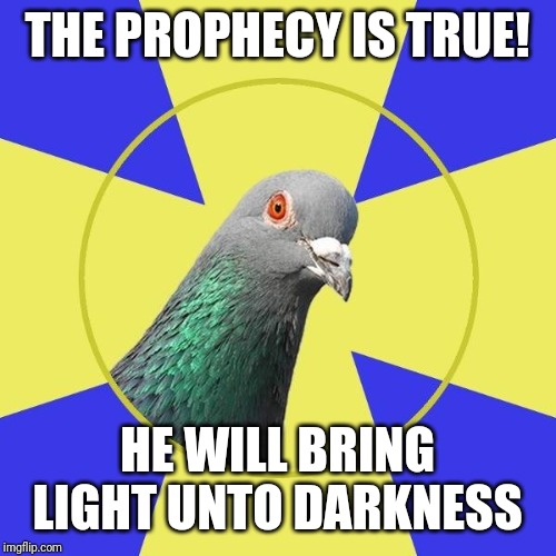 religion pigeon | THE PROPHECY IS TRUE! HE WILL BRING LIGHT UNTO DARKNESS | image tagged in religion pigeon | made w/ Imgflip meme maker