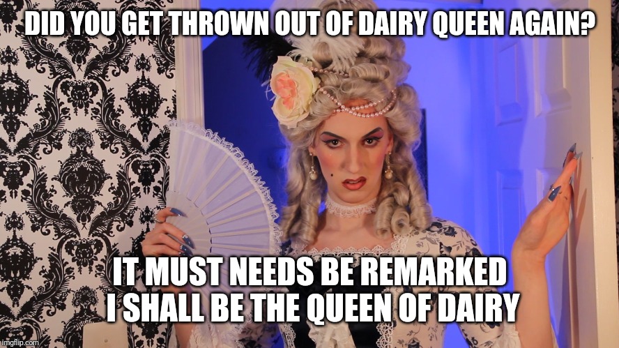DID YOU GET THROWN OUT OF DAIRY QUEEN AGAIN? IT MUST NEEDS BE REMARKED  I SHALL BE THE QUEEN OF DAIRY | made w/ Imgflip meme maker