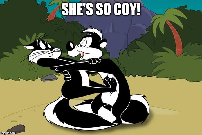 Pepe le pew | SHE'S SO COY! | image tagged in pepe le pew | made w/ Imgflip meme maker