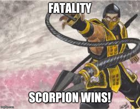scorpion | FATALITY SCORPION WINS! | image tagged in scorpion | made w/ Imgflip meme maker