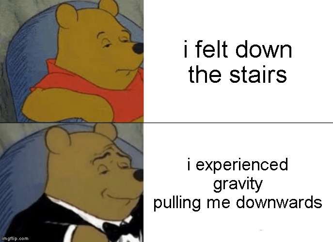 Tuxedo Winnie The Pooh Meme | i felt down the stairs; i experienced gravity pulling me downwards | image tagged in memes,tuxedo winnie the pooh | made w/ Imgflip meme maker