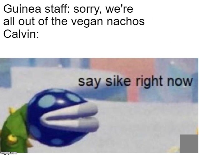 say sike right now | Guinea staff: sorry, we're
all out of the vegan nachos
Calvin: | image tagged in say sike right now | made w/ Imgflip meme maker