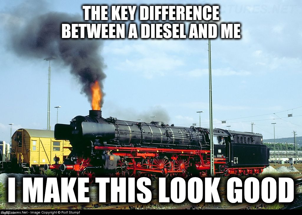The flaming question | THE KEY DIFFERENCE BETWEEN A DIESEL AND ME; I MAKE THIS LOOK GOOD | image tagged in memes,steam train | made w/ Imgflip meme maker