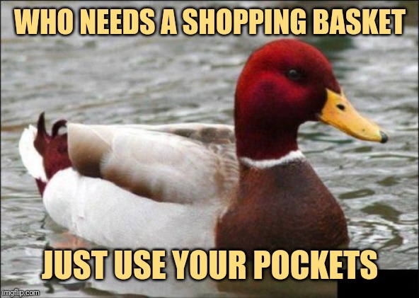 Malicious Advice Mallard | WHO NEEDS A SHOPPING BASKET; JUST USE YOUR POCKETS | image tagged in memes,malicious advice mallard | made w/ Imgflip meme maker