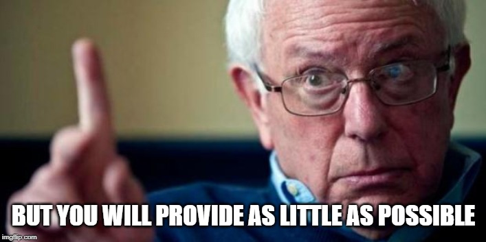 Bernie Sanders | BUT YOU WILL PROVIDE AS LITTLE AS POSSIBLE | image tagged in bernie sanders | made w/ Imgflip meme maker