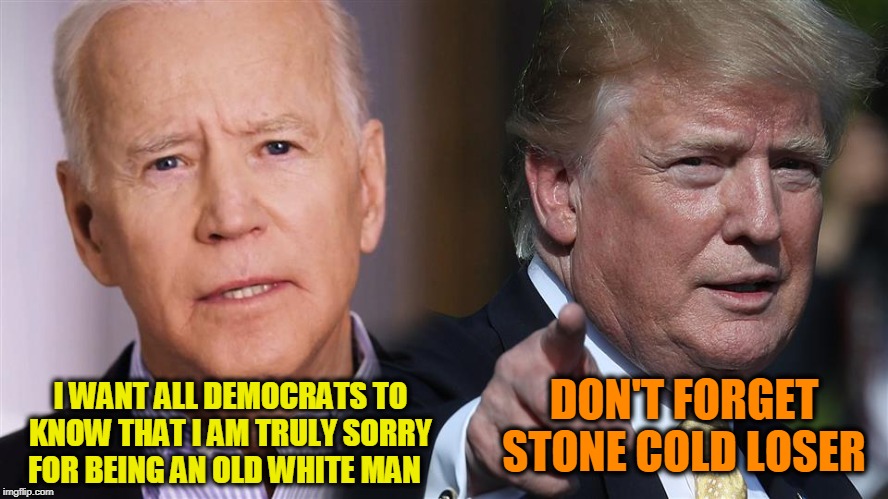 Biden's Apology Tour, aka Presidential Campaign | DON'T FORGET STONE COLD LOSER; I WANT ALL DEMOCRATS TO KNOW THAT I AM TRULY SORRY FOR BEING AN OLD WHITE MAN | image tagged in joe biden,president trump,election 2020 | made w/ Imgflip meme maker