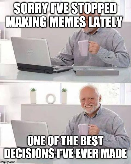 Hide the Pain Harold Meme | SORRY I'VE STOPPED MAKING MEMES LATELY; ONE OF THE BEST DECISIONS I'VE EVER MADE | image tagged in memes,hide the pain harold | made w/ Imgflip meme maker
