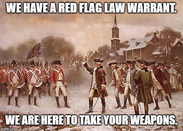 Redcoats vs Patriots | WE HAVE A RED FLAG LAW WARRANT. WE ARE HERE TO TAKE YOUR WEAPONS. | image tagged in redcoats vs patriots | made w/ Imgflip meme maker