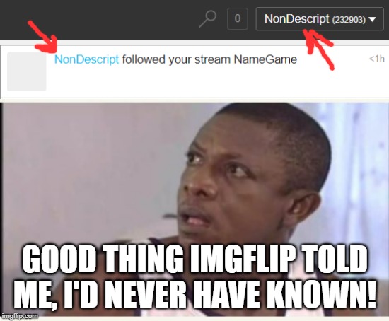 Imgflip notified me that I followed my own stream. What? | GOOD THING IMGFLIP TOLD ME, I'D NEVER HAVE KNOWN! | image tagged in imgflip,stream,notifications,follow,memes,funny | made w/ Imgflip meme maker