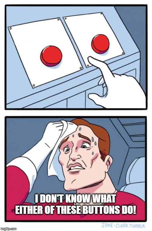 Two Buttons | I DON'T KNOW WHAT EITHER OF THESE BUTTONS DO! | image tagged in memes,two buttons | made w/ Imgflip meme maker