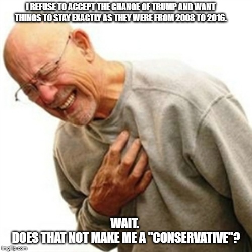 Right In The Childhood Meme | I REFUSE TO ACCEPT THE CHANGE OF TRUMP AND WANT THINGS TO STAY EXACTLY AS THEY WERE FROM 2008 TO 2016. WAIT. 
DOES THAT NOT MAKE ME A "CONSERVATIVE"? | image tagged in memes,right in the childhood | made w/ Imgflip meme maker