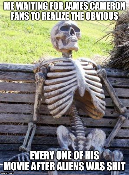 Yes, especially T2 and Avatar | ME WAITING FOR JAMES CAMERON FANS TO REALIZE THE OBVIOUS; EVERY ONE OF HIS MOVIE AFTER ALIENS WAS SHIT | image tagged in memes,waiting skeleton | made w/ Imgflip meme maker