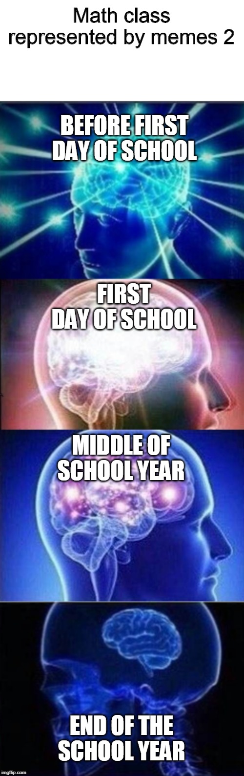 Math class represented by memes 2; BEFORE FIRST DAY OF SCHOOL; FIRST DAY OF SCHOOL; MIDDLE OF SCHOOL YEAR; END OF THE SCHOOL YEAR | image tagged in first day of school,school,expanding brain,memes | made w/ Imgflip meme maker