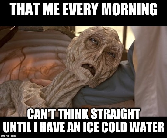 Alien Dying | THAT ME EVERY MORNING CAN'T THINK STRAIGHT UNTIL I HAVE AN ICE COLD WATER | image tagged in alien dying | made w/ Imgflip meme maker