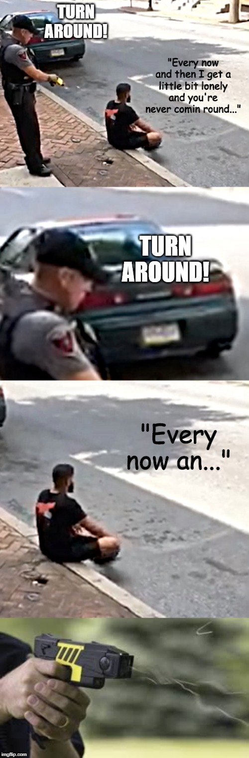 This is probably not going to end well |  TURN AROUND! "Every now and then I get a little bit lonely and you're never comin round..."; TURN AROUND! "Every now an..." | image tagged in politics,funny,police brutality,funny memes | made w/ Imgflip meme maker