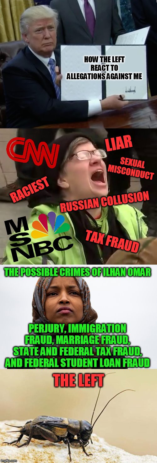 No Bias Here... Move along please... | HOW THE LEFT REACT TO ALLEGATIONS AGAINST ME; LIAR; SEXUAL MISCONDUCT; RACIEST; RUSSIAN COLLUSION; TAX FRAUD; THE POSSIBLE CRIMES OF ILHAN OMAR; PERJURY, IMMIGRATION FRAUD, MARRIAGE FRAUD, STATE AND FEDERAL TAX FRAUD, AND FEDERAL STUDENT LOAN FRAUD; THE LEFT | image tagged in memes,trump bill signing,cnn,ilhan omar,politics,biased media | made w/ Imgflip meme maker