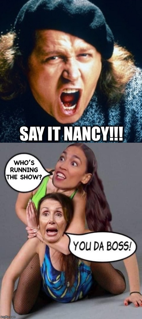 How much longer will the tail wag the dog? | SAY IT NANCY!!! WHO’S RUNNING THE SHOW? | image tagged in sam kinison,aoc,nancy pelosi | made w/ Imgflip meme maker