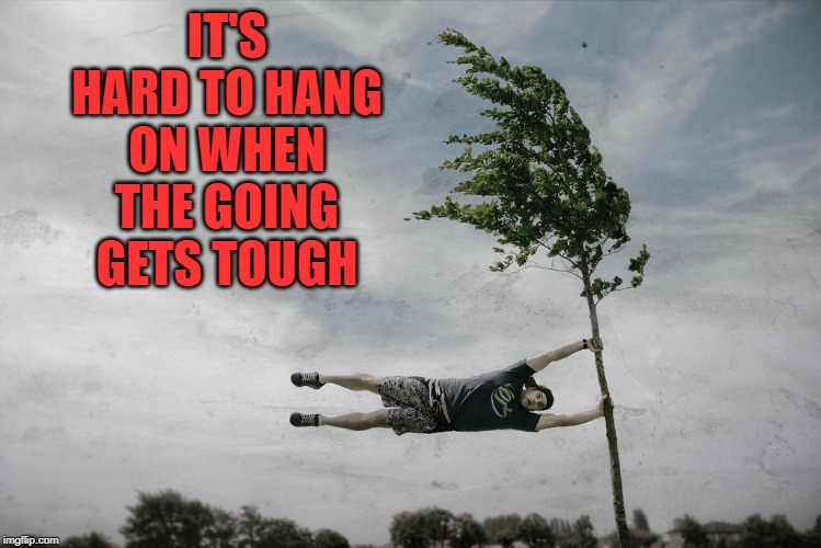 hanging on | IT'S HARD TO HANG ON WHEN THE GOING GETS TOUGH | image tagged in hanging on | made w/ Imgflip meme maker