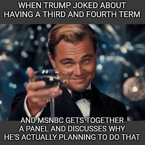 Donald Trump is the greatest troll in history. | WHEN TRUMP JOKED ABOUT HAVING A THIRD AND FOURTH TERM; AND MSNBC GETS TOGETHER A PANEL AND DISCUSSES WHY HE'S ACTUALLY PLANNING TO DO THAT | image tagged in memes,leonardo dicaprio cheers,donald trump | made w/ Imgflip meme maker