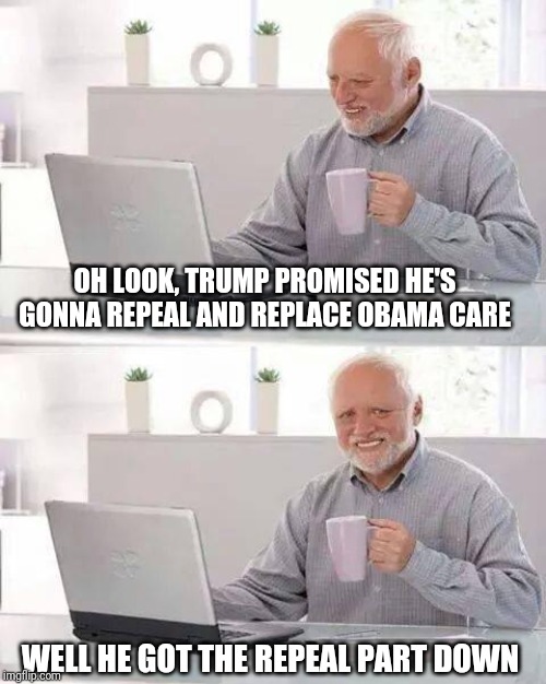 Hide the Pain Harold Meme | OH LOOK, TRUMP PROMISED HE'S GONNA REPEAL AND REPLACE OBAMA CARE WELL HE GOT THE REPEAL PART DOWN | image tagged in memes,hide the pain harold | made w/ Imgflip meme maker