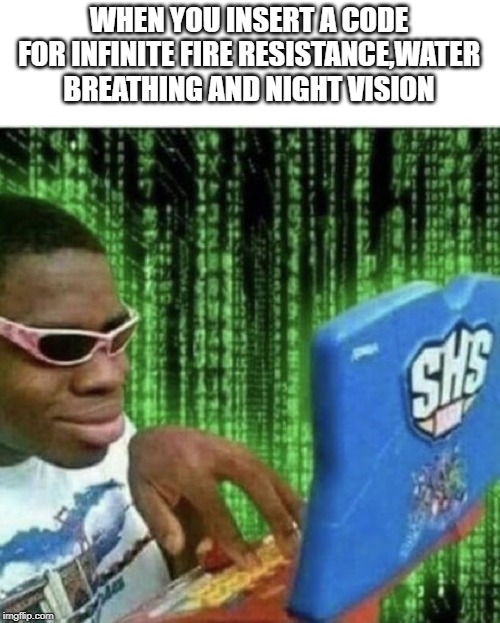 Ryan Beckford | WHEN YOU INSERT A CODE FOR INFINITE FIRE RESISTANCE,WATER BREATHING AND NIGHT VISION | image tagged in ryan beckford,minecraft | made w/ Imgflip meme maker