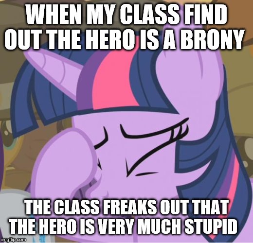 Mlp Twilight Sparkle facehoof | WHEN MY CLASS FIND OUT THE HERO IS A BRONY; THE CLASS FREAKS OUT THAT THE HERO IS VERY MUCH STUPID | image tagged in mlp twilight sparkle facehoof | made w/ Imgflip meme maker