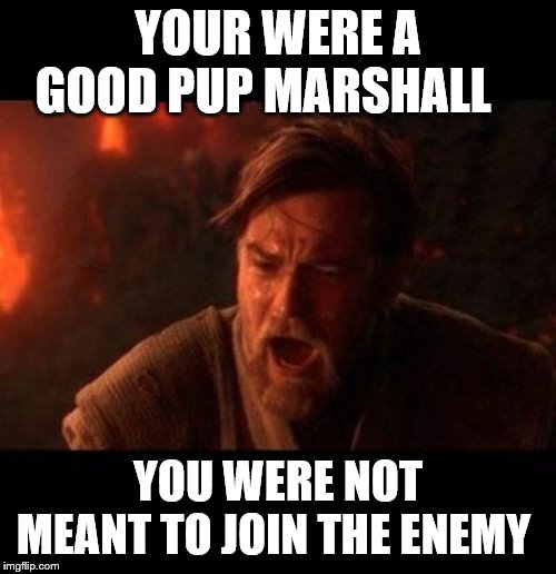 Obi Wan destroy them not join them | YOUR WERE A GOOD PUP MARSHALL; YOU WERE NOT MEANT TO JOIN THE ENEMY | image tagged in obi wan destroy them not join them | made w/ Imgflip meme maker