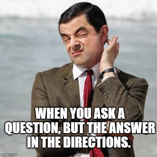 Mr Bean Question | WHEN YOU ASK A QUESTION, BUT THE ANSWER IN THE DIRECTIONS. | image tagged in mr bean question | made w/ Imgflip meme maker