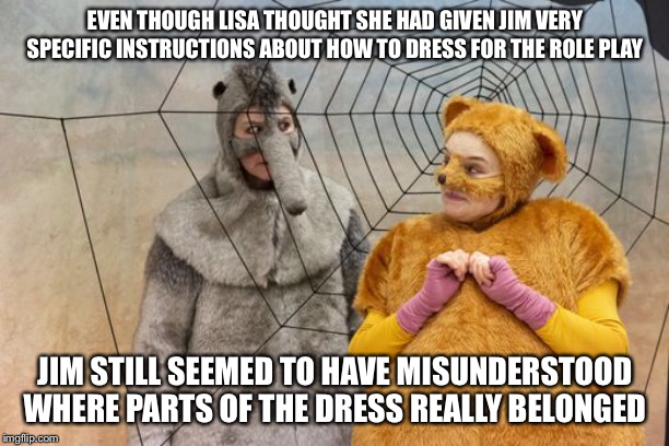In your face | EVEN THOUGH LISA THOUGHT SHE HAD GIVEN JIM VERY SPECIFIC INSTRUCTIONS ABOUT HOW TO DRESS FOR THE ROLE PLAY; JIM STILL SEEMED TO HAVE MISUNDERSTOOD WHERE PARTS OF THE DRESS REALLY BELONGED | image tagged in roleplaying,trunk | made w/ Imgflip meme maker